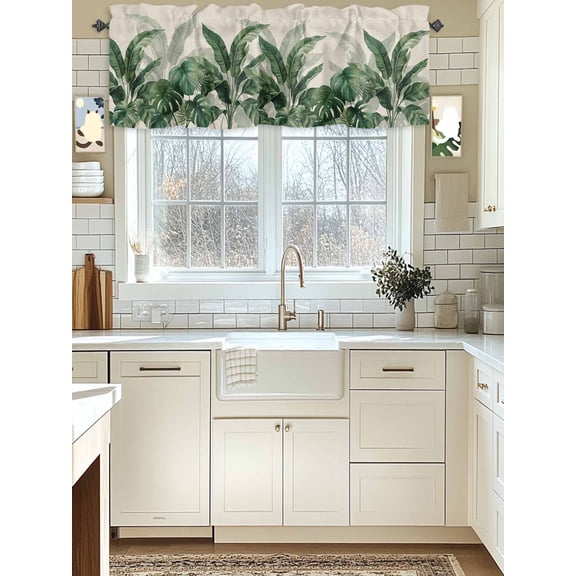 Kitchen Valances for Window, Watercolor Green Monstera Leaves on Linen Light Filtering Rod Pocket Valance Curtain, Retro Botantical Short Curtains Window Topper for Bedroom Living Room 42x12in