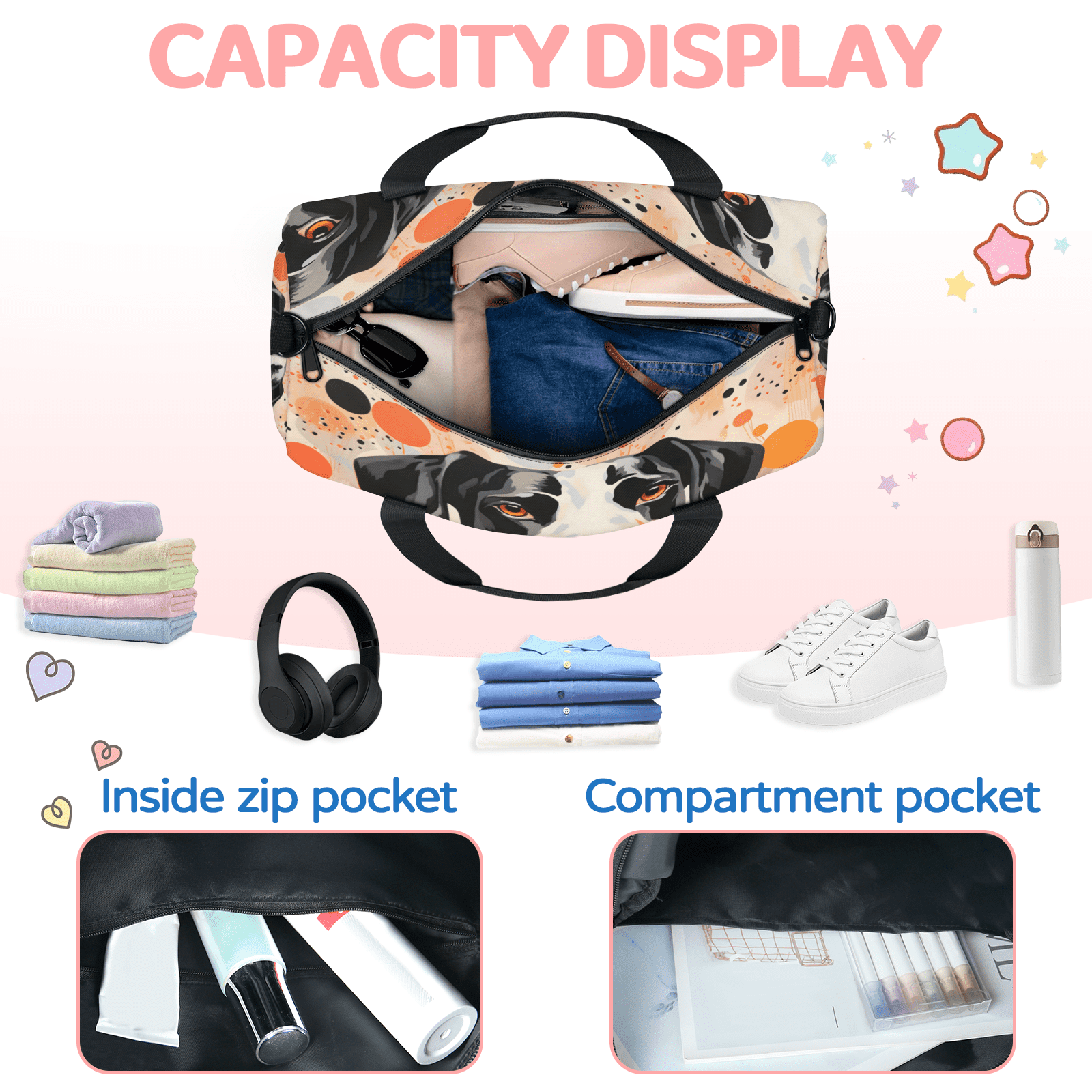 Herdesigns Funny Dog Themed Gym Bag for Women, Duffle Bag for Travel Sport, Lightweight Waterproof Carry on Weekender Overnight Dance Yoga Workout Bags