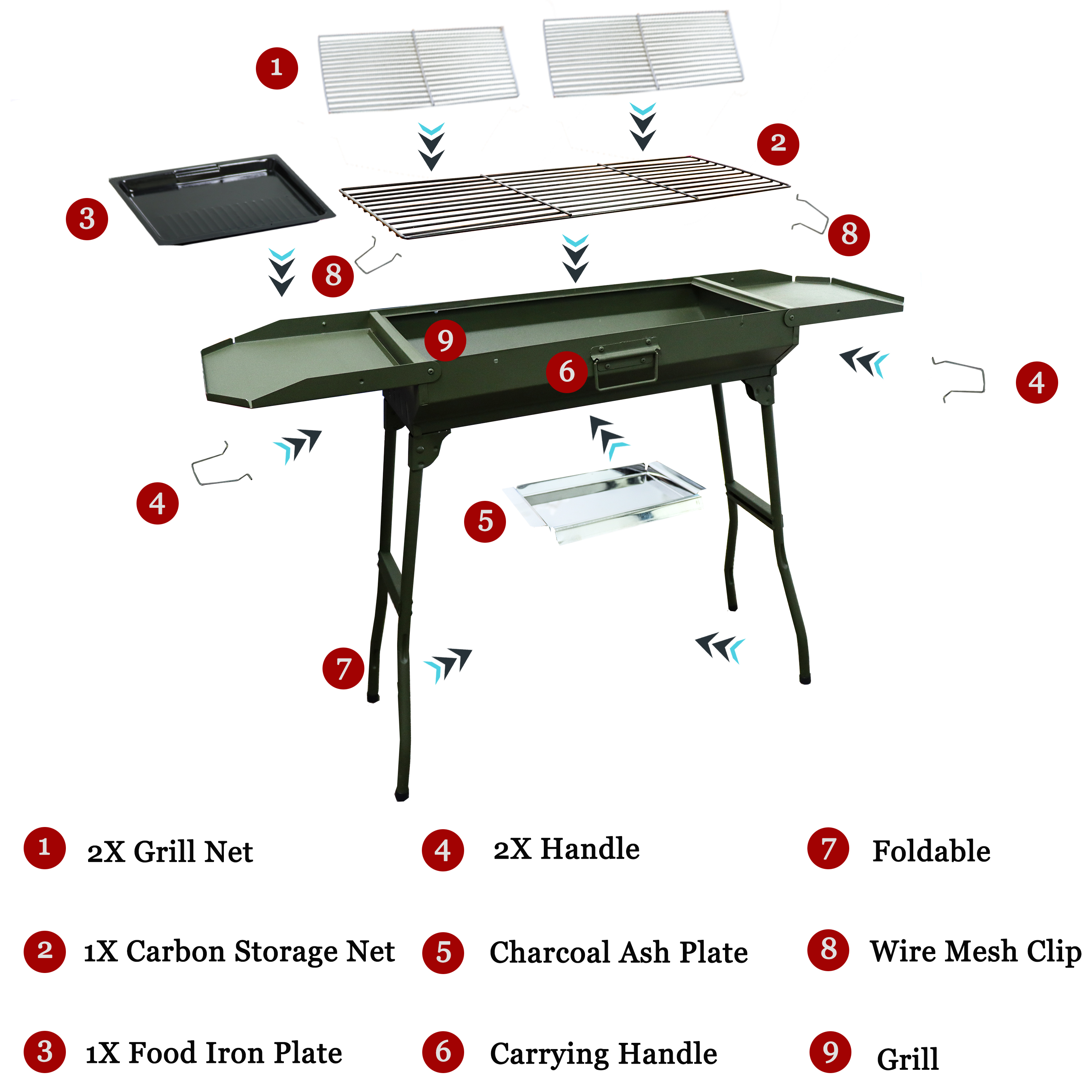 Folding Portable Charcoal Grill, KIICHI TERASAWA Camping BBQ Carbon Grill