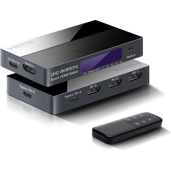 Zecamin 8K HDMI Switch 5x1 with Multiple Ports (3 HDMI & 2 USB-C Input), Premium Signal Support: 8K@60Hz, 4K@120Hz, 48Gbps, HDCP 2.3, HDR, Ultra HD, w/Remote for MacBook/PS5/Xbox/Laptop