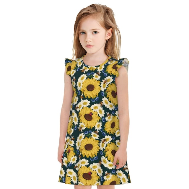 Fotbe Sunflowers Vestido de Dormir para Niñas de 3 a 10 Años, Mangas Cortas, Estilo Princesa, Pijama Camisón con Mangas Voladas-X-Large