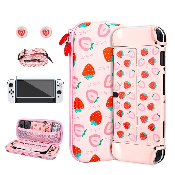 RHOTALL Ensemble de 6 en 1 Mignon Étui de Transport Fraise pour Nintendo Switch OLED, Étui de Voyage Rose Portable pour Accessoires Switch OLED, Housse de Protection, Protecteur d'Écran,