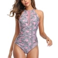thumbnail image 1 of Traje de baño de una pieza para mujer Traje de baño con costuras de malla Traje de baño estampado para entrenamiento de natación Rosa M, 1 of 7