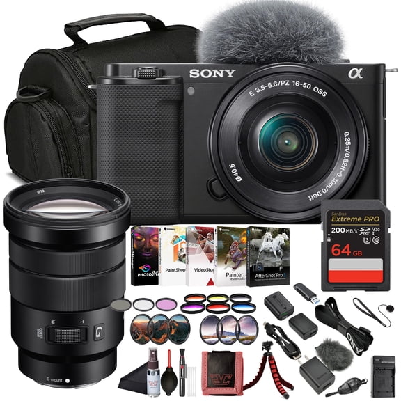 Sony ZV-E10 Mirrorless Camera Black with 16-50mm Power Zoom Lens (ILCZV-E10L) – 24.2 MP APS-C Sensor, 4K Video, Vari-Angle Screen w/ Sony 18-105mm Lens, 64GB Memory Card, Color Filter Kit and More