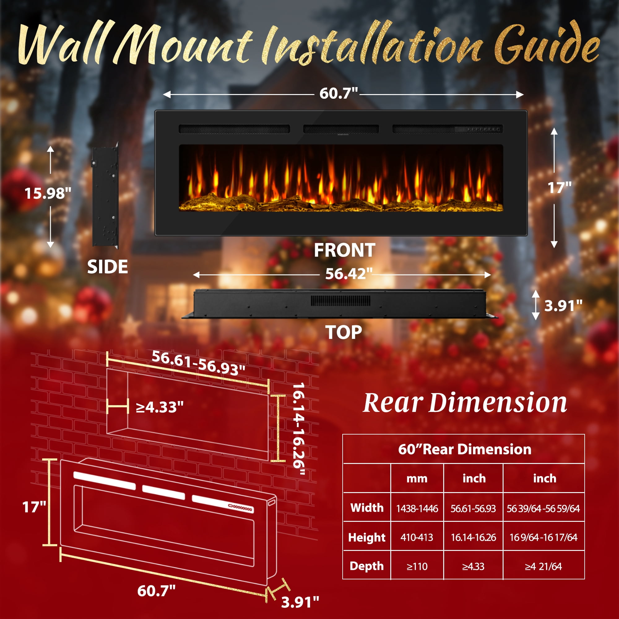 Patiosunny 60" Electric Fireplace Recessed and Wall Mounted, Ultra-Thin Fireplace Heater, Touch Screen, Low Noise, 6-Level Flame Speed, 12-Kind Carbon Bed Colors, 24H-Timer, with Logs, Crystal, Black