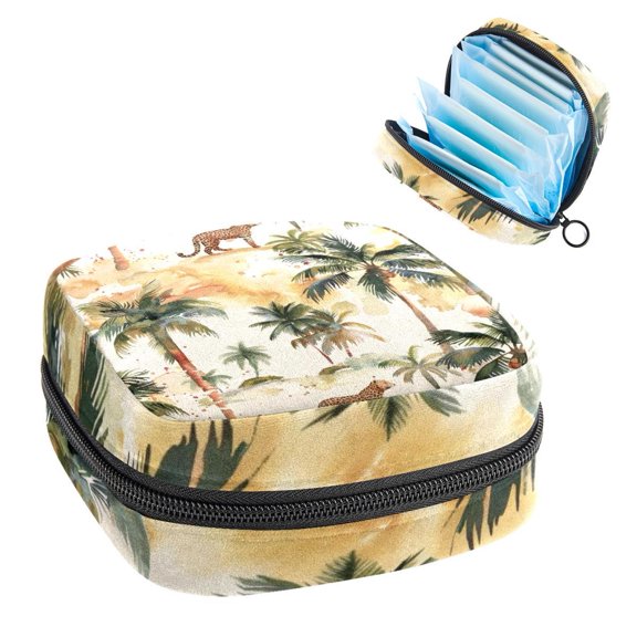 Sanitary Napkin Storage Bag for Girls Women, Portable First Period Pads Bag Tampons Holder Girls Travel Makeup Bag, Large Capacity Palm Trees and Leopard Background