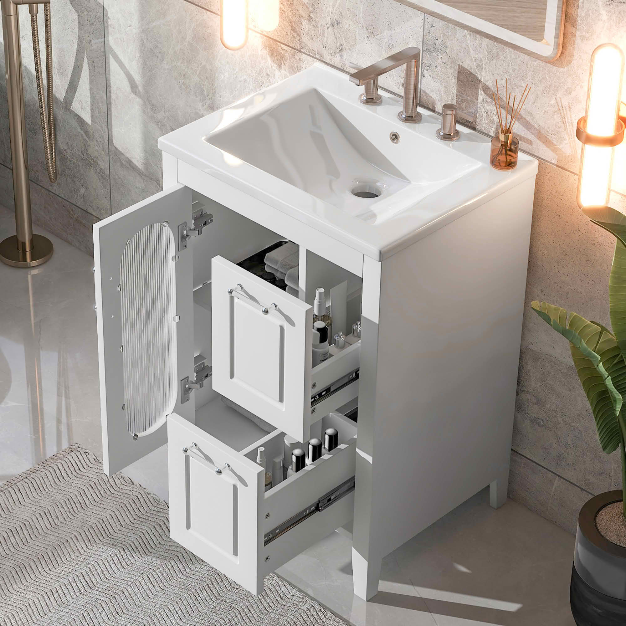 MAYEERTY 24" Bathroom Vanity with Sink 2 Drawers 1 Door Adjustable Shelf Solid Wood MDF White