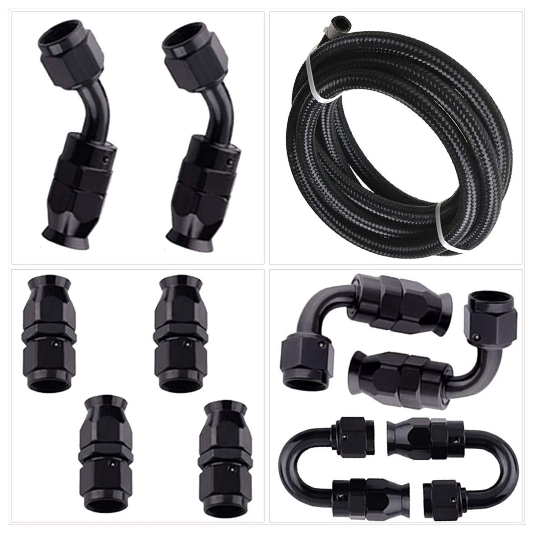 6AN Fuel Line Hose Kit Black Nylon PTFE (Teflon) 20 Feet Gas Ethanol E85 Oil Line Hose with 10PCS Swivel Fuel Hose Fitting Adapter Kit
