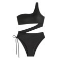 thumbnail image 6 of One Piece Backless Swimsuit for Women - One Shoulder Cutout, High Cut Leg, Solid Irregular Drawstring Tie Side Sexy Bathing Suit, 6 of 8