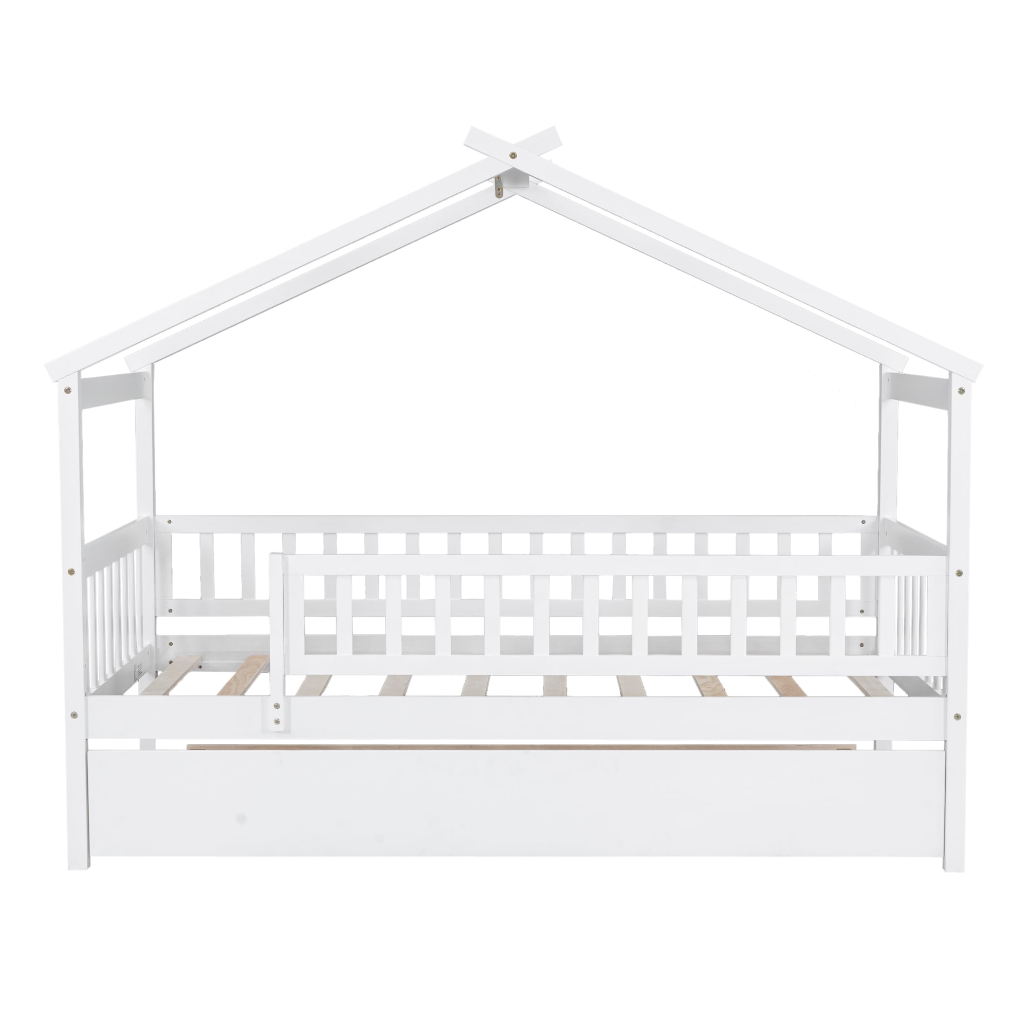 Euroco Twin Size House Bed with Trundle, Canopy Low Profile Bed for Kids, White