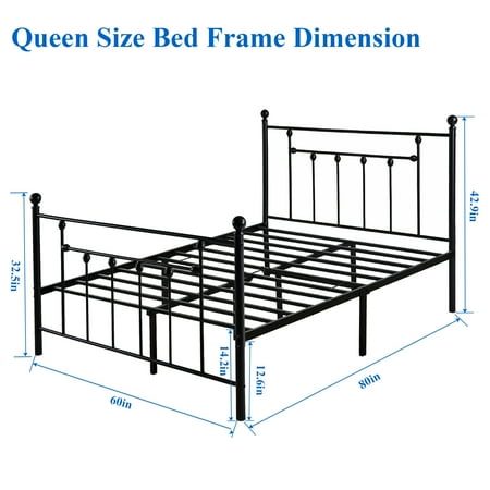 Vecelo Antique Metal Bed Platform Frame Mattress Foundation Box Spring Replacement With Headboard Victorian Style Queen Size Black Com Vecelo Antique Metal Bed Platform Frame, Dimensions Of A Queen Size Bed Frame