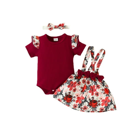 

Canrulo Newborn Baby Girls Ribbed Romper Tops+High Waist Flowers Print Suspender Dress+Headband Clothes Short Sleeve 12-18 Months