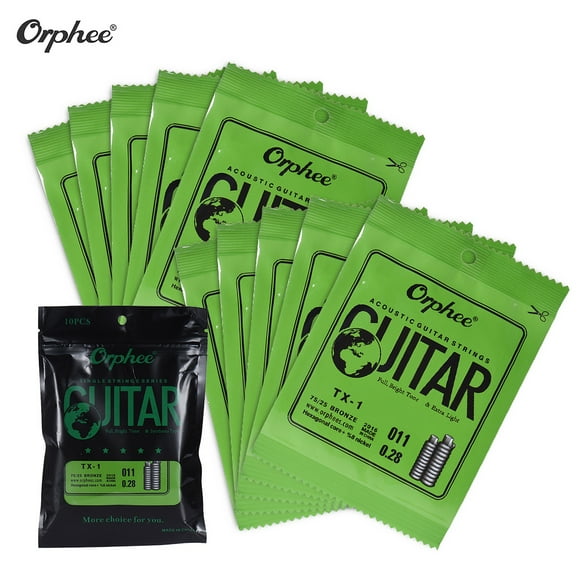 Orphee TX-1 Single String Replacement for Acoustic Folk Guitar 1st E-String (.011) 10-Pack High-carbon Steel Core 75/25 Phosphor Bronze Extra Light Tension
