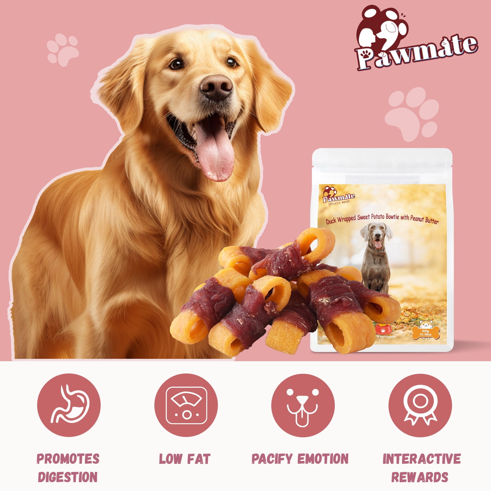 (2 pack) Pawmate Sweet Potato Dog Treats, Natural Duck Jerky Peanut Butter Chews for All Dogs,10.6oz