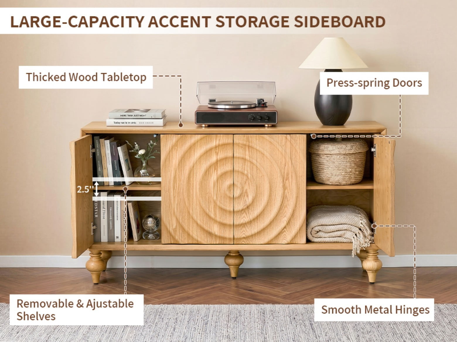 Modern 4-Door Storage Sideboard Cabinet with 3D Carved Wood Veneer, Push-to-Open Soft Close Buffet Cabinet with Adjustable Shelves for Living Room Dining Room, Natural