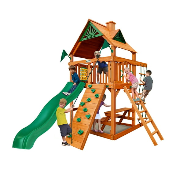 Gorilla Playsets Chateau Tower Wooden Playset with Rock Climbing Wall, Rope Ladder, and Accessories