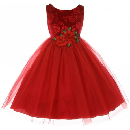 Little Girls Sleeveless Floral Velvet Rose Tulle Christmas Flower Girl Dress Red 2 (K39D6)