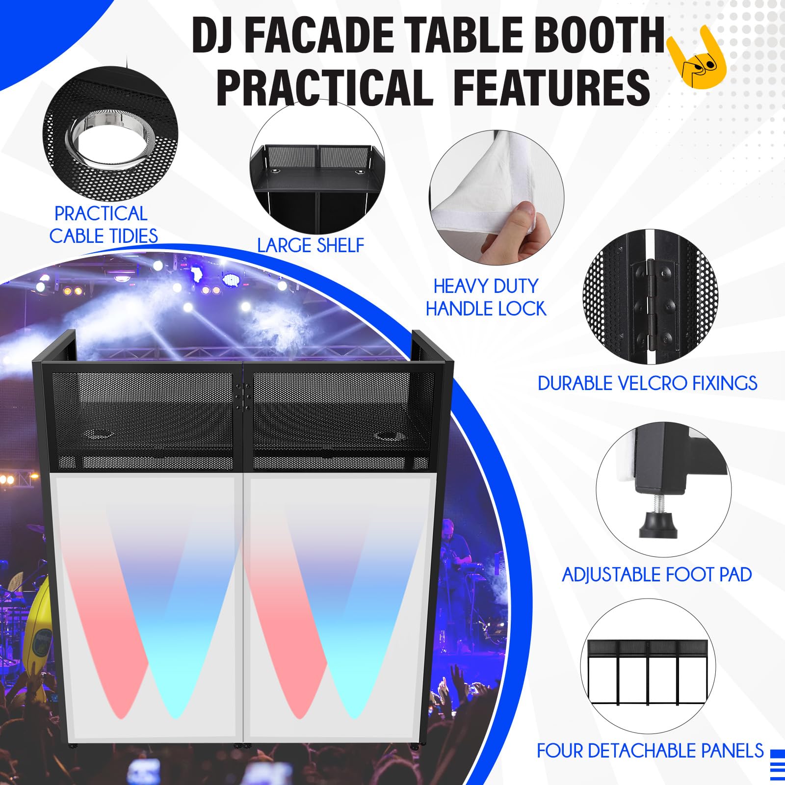 Ladcaser Portable DJ Facade Booth, 50 in L x 48 in H x 25 in W DJ Table Stand Booth with White & Black Scrim, Foldable DJ Table Station with Adjustable Feet for Party, Black Metal Frame