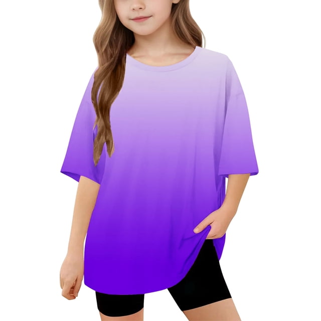 DecSea T-Shirt à Manches Courtes pour Filles, Été, Dégradé, Col Rond, Décontracté, Basique, 5-14 Ans