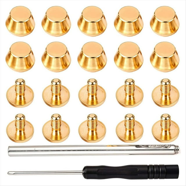 10 Piezas de Patas para Bolsos, con Tachuelas Redondas de Latón Dorado de 1/2 Pulgada, con Destornillador y Abridor de Agujeros.
