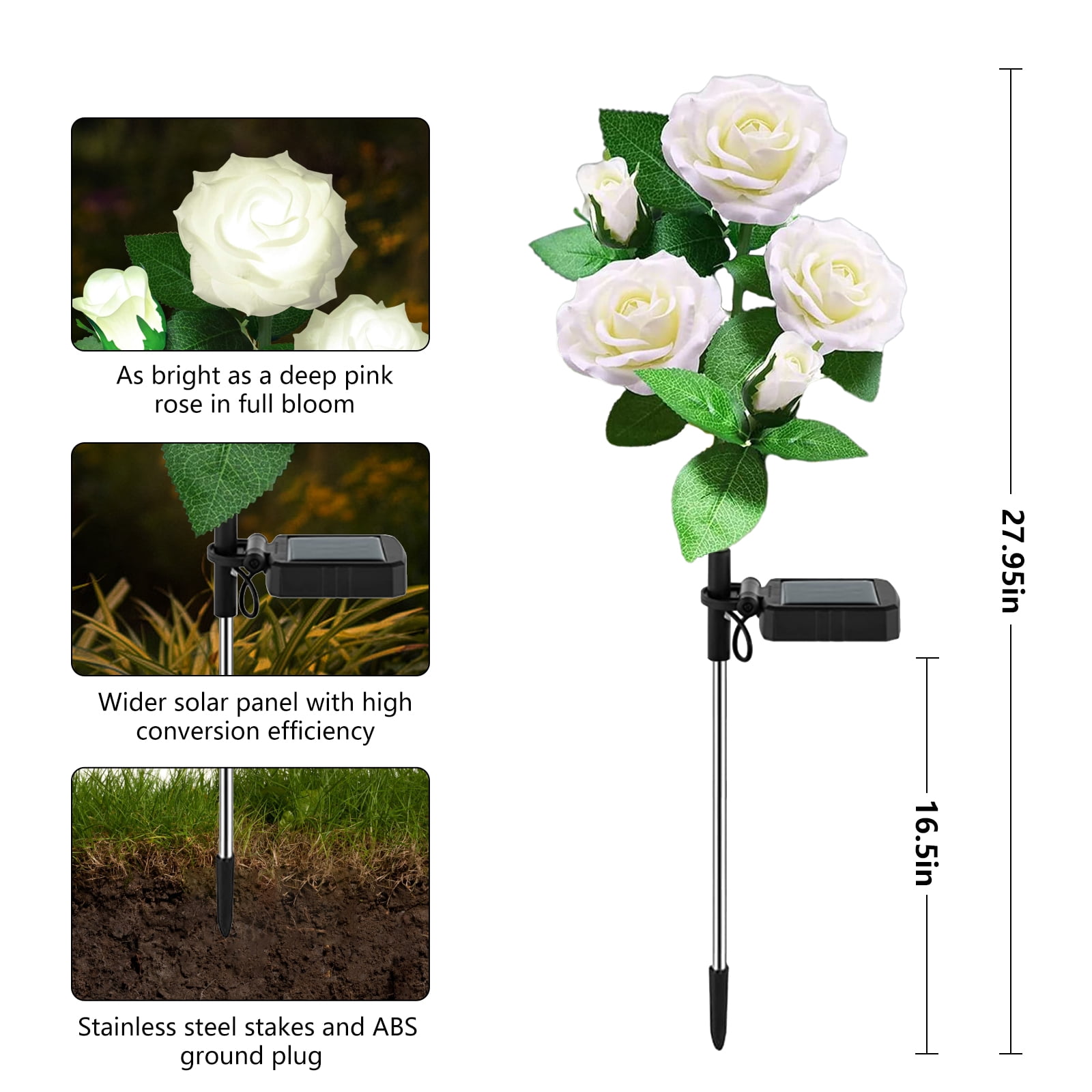 4 Pack Solar Rose Flower Lights, Outdoor Solar Garden Lights, LED Waterproof Solar Lights for Pathway Patio Yard Decor, White