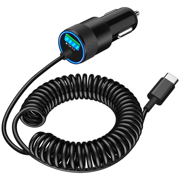 panningbo 75W USB C PD QC Car Charger with 6FT Type C Coiled Cable for iPhone 17 17 Pro Max 16 15 Galaxy S26 S25 Pixel Fast Charging Cigarette Lighter Adapter