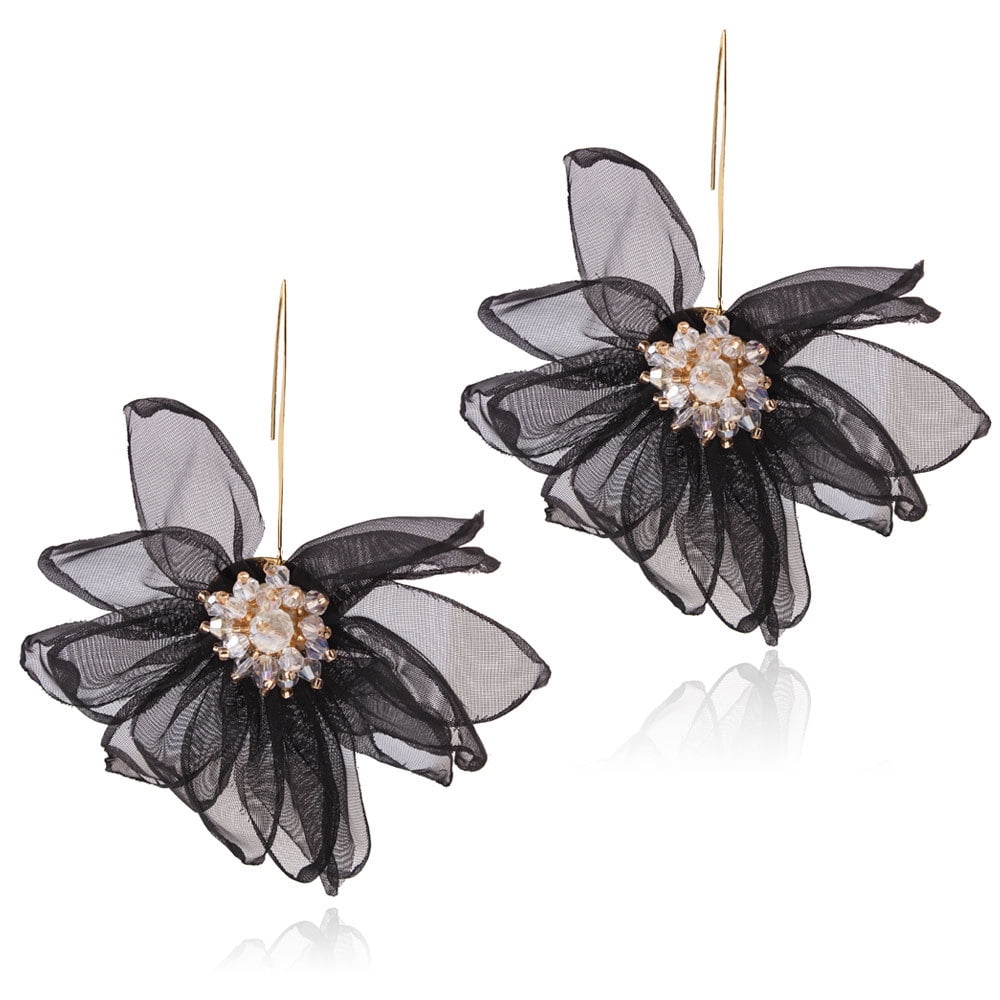 Large Fabric Flower Earrings – 10cm Chiffon Statement Earrings For Women, Prom, Wedding, Party Jewelry Gift In Black Or Red 1 thumbnail image