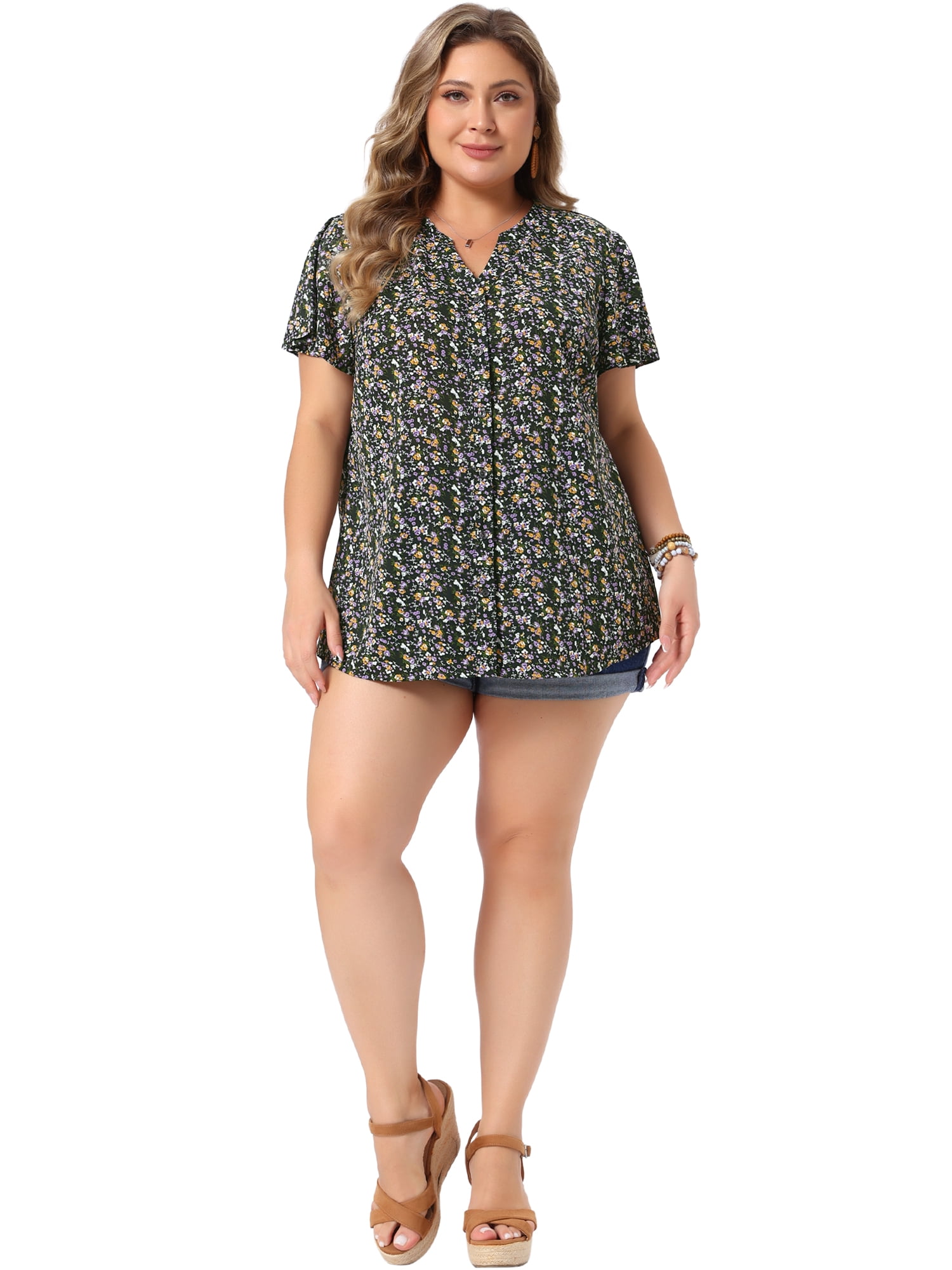 DARING DIVA Women's Plus Size Flare Short Sleeve Button Down Floral Top 1X Black Purple