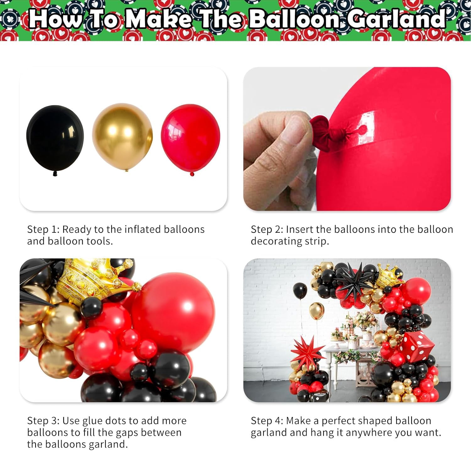 Casino Theme Balloon Arch Kit, 104 Pcs Red Black and Gold Metallic Latex Balloon Garland Kit with Dice Crown Explosion Star for Women Men Casino Night Las Vegas Birthday Graduation Party Decorations