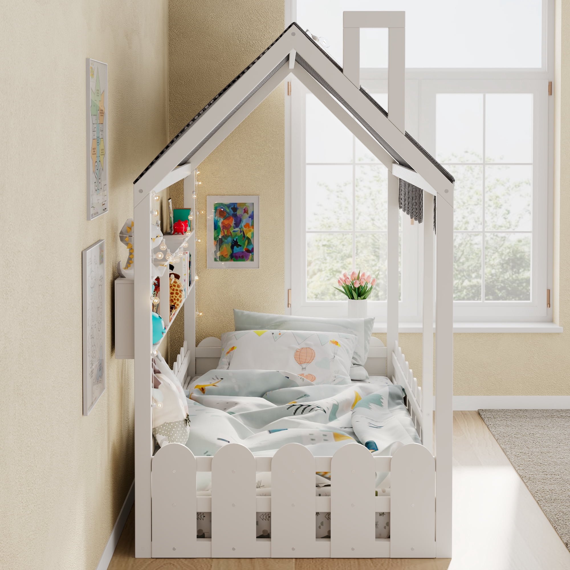 Sailvan Twin Size Montessori House Bed for Kids, Floor Bed with Fence Railings, Slats not included