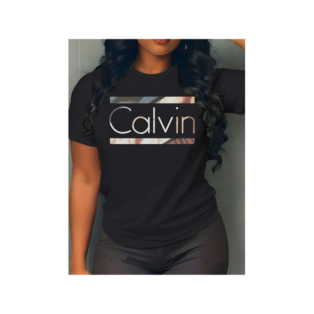 Women'S "Calvin" Graphic Tee - Stylish Short Sleeve T-Shirt with Bold Letter Print, Comfortable Casual Activewear for Spring & Summer