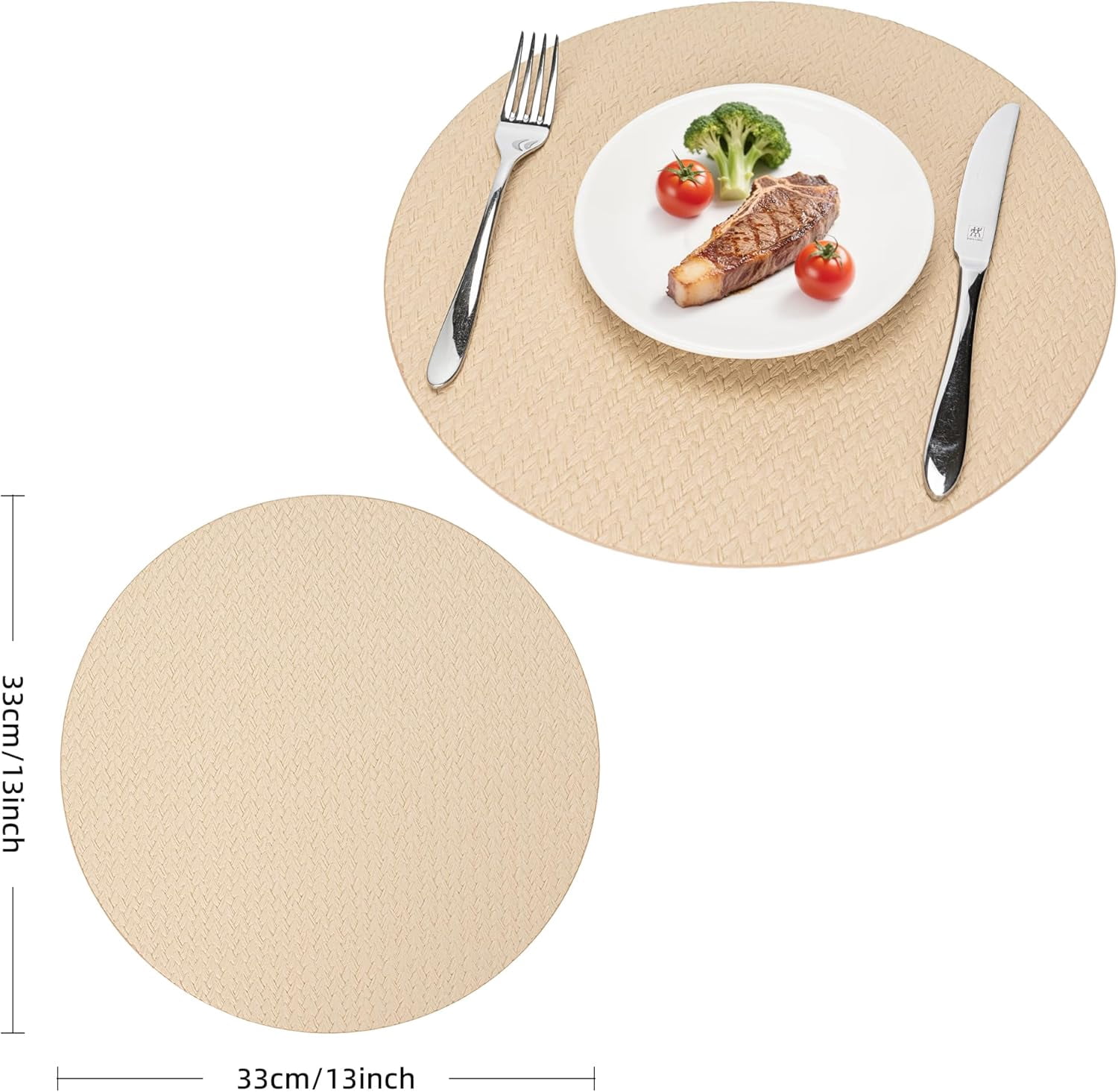 PROMATTOO Round Vinyl Woven Embossed Placemats Set of 6,Faux Leather Waterproof Dining Mat,Golden Beige