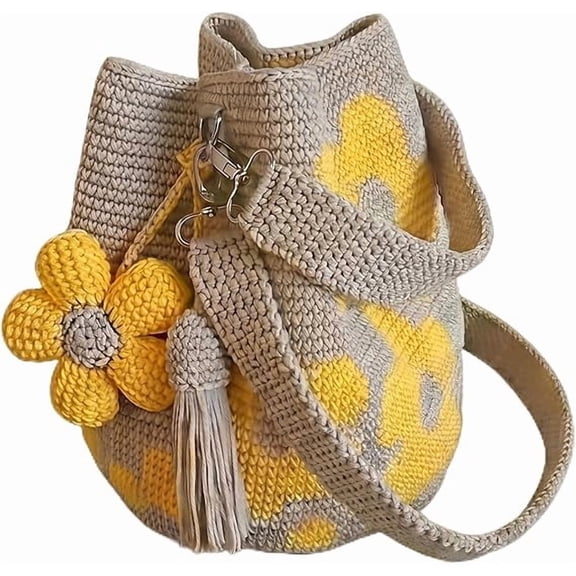 Handmade Crochet Flower Tote, Women's Crochet Purse Boho Knitted Floral Tote Bag Shopping Bags for Everyday & Travel(M) 