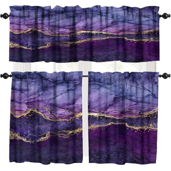 Purple Gold Marble Valances Set for Kitchen, Purple Gold Abstract Marble Texture Modern Luxury Home Decor Rod Pocket Window Drapes for Living Room Dining Room Office 52x18 Inch   27x24 Inch X 2