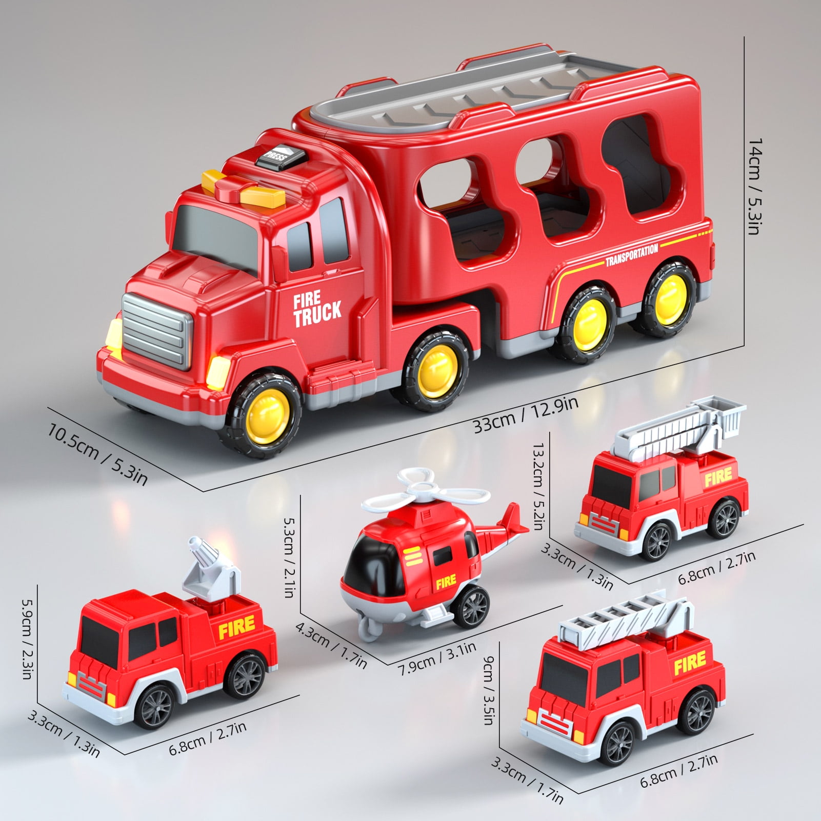 Lucky Doug Fire Truck Car Set for Toddlers Ages 1-3-5, 5 in 1 Carrier Truck Toys with Light & Sound, Toddlers Boys Toys Ages 2 3-5 as Birthday Gift