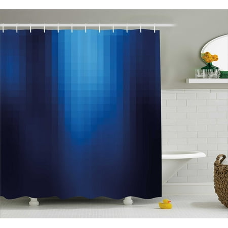 Navy Shower Curtain, Blurry Mosaic Like Pixel Squares in Blue Ombre Colors Image, Fabric Bathroom Set with Hooks, 69W X 70L Inches, Navy Blue Light Blue and Turquoise, by Ambesonne