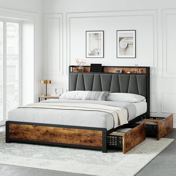 Full Platform Bed Frame with Upholstered ,Platform Bed Frame with Storage ,4 Drawers, Charging Station.for Home