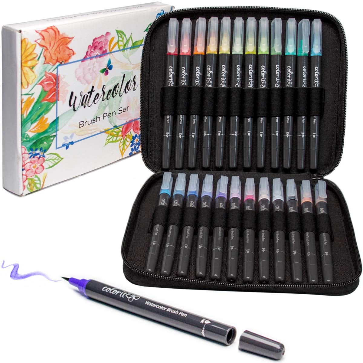 Colorit Refillable Watercolor Brush Pens Set - 24 Colors With Flexible Real Brush Tips And Bonus Travel Case - Artist Quality Paint Markers For Adult Coloring Books, Painting, Calligraphy - Walmart.com