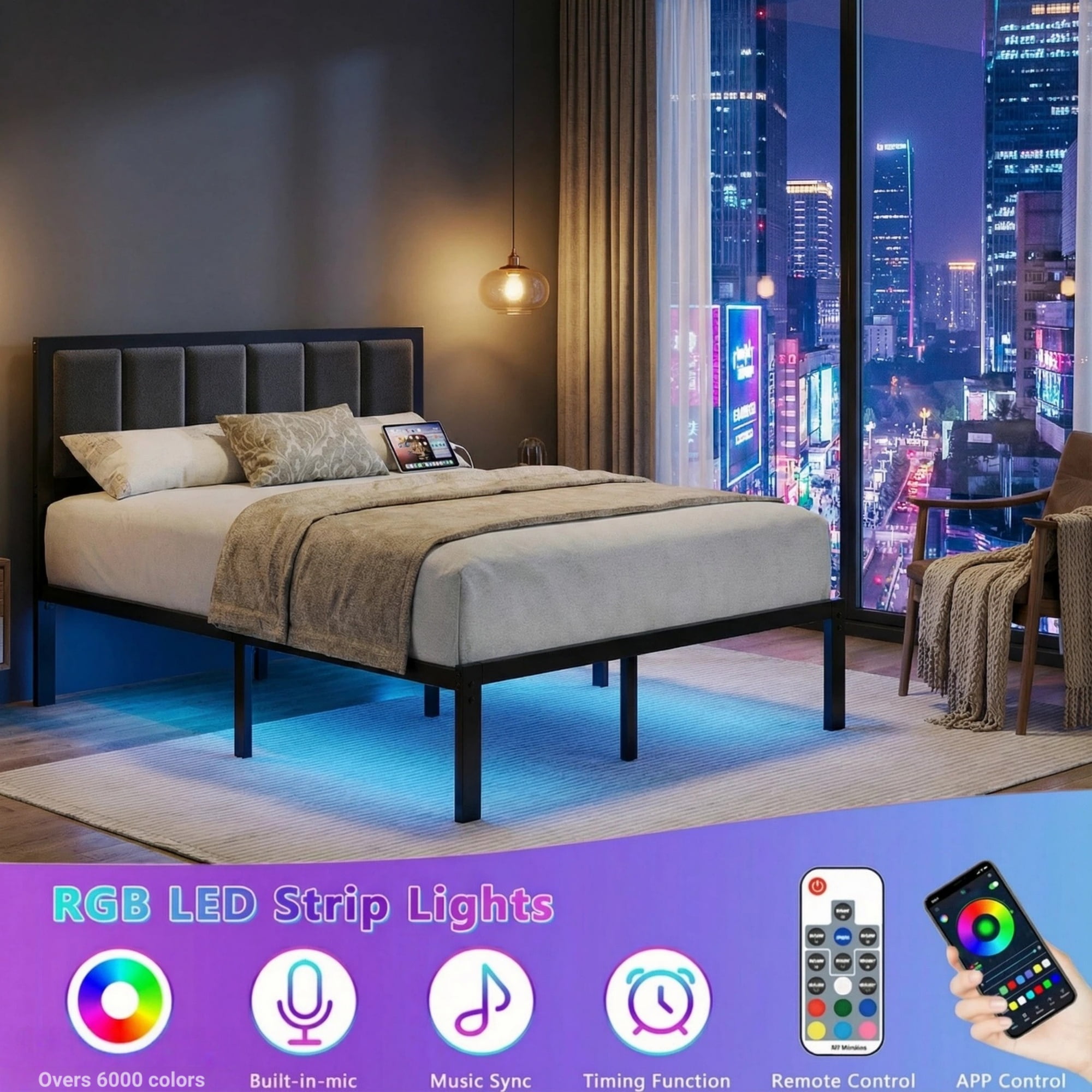 OLEVS Queen Size Bed Frame with Upholstered Headboard, LED Light and USB Socket, No Box Spring Needed