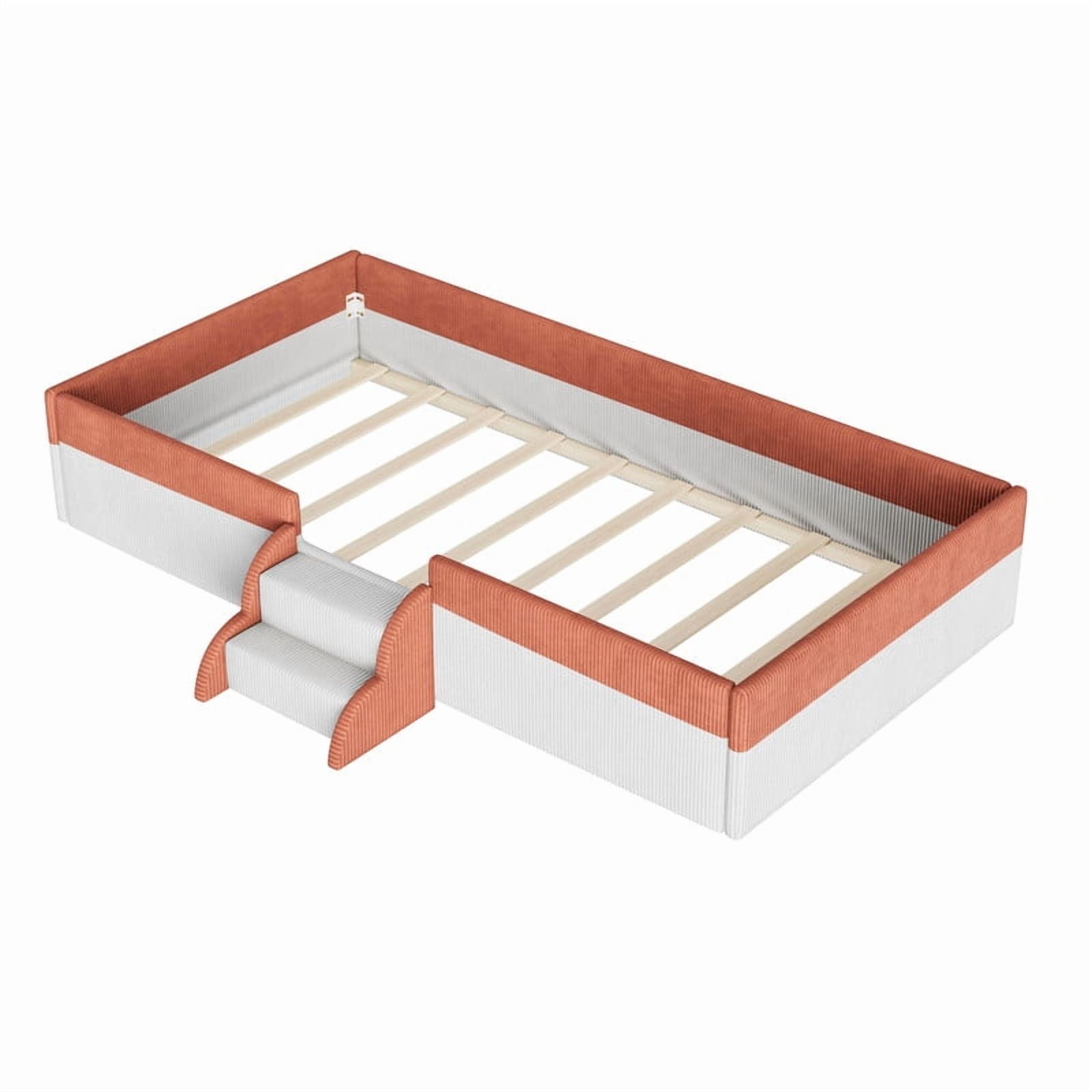 Twin Size Upholstered Floor Bed with Fence, 2-Tier Steps and Smart LED Lights, Corduroy Toddler Bed Platform Bed Frame with Guardrails and Wood Slats