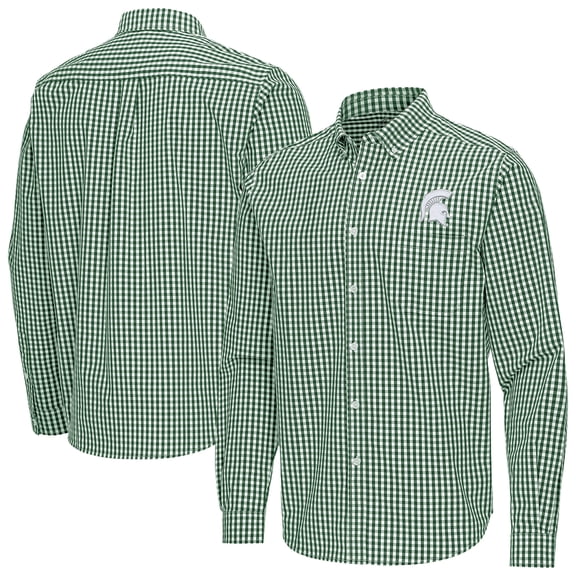 Men's Antigua Green Michigan State Spartans Ellis Woven Tri-Blend Long Sleeve Button-Down Shirt