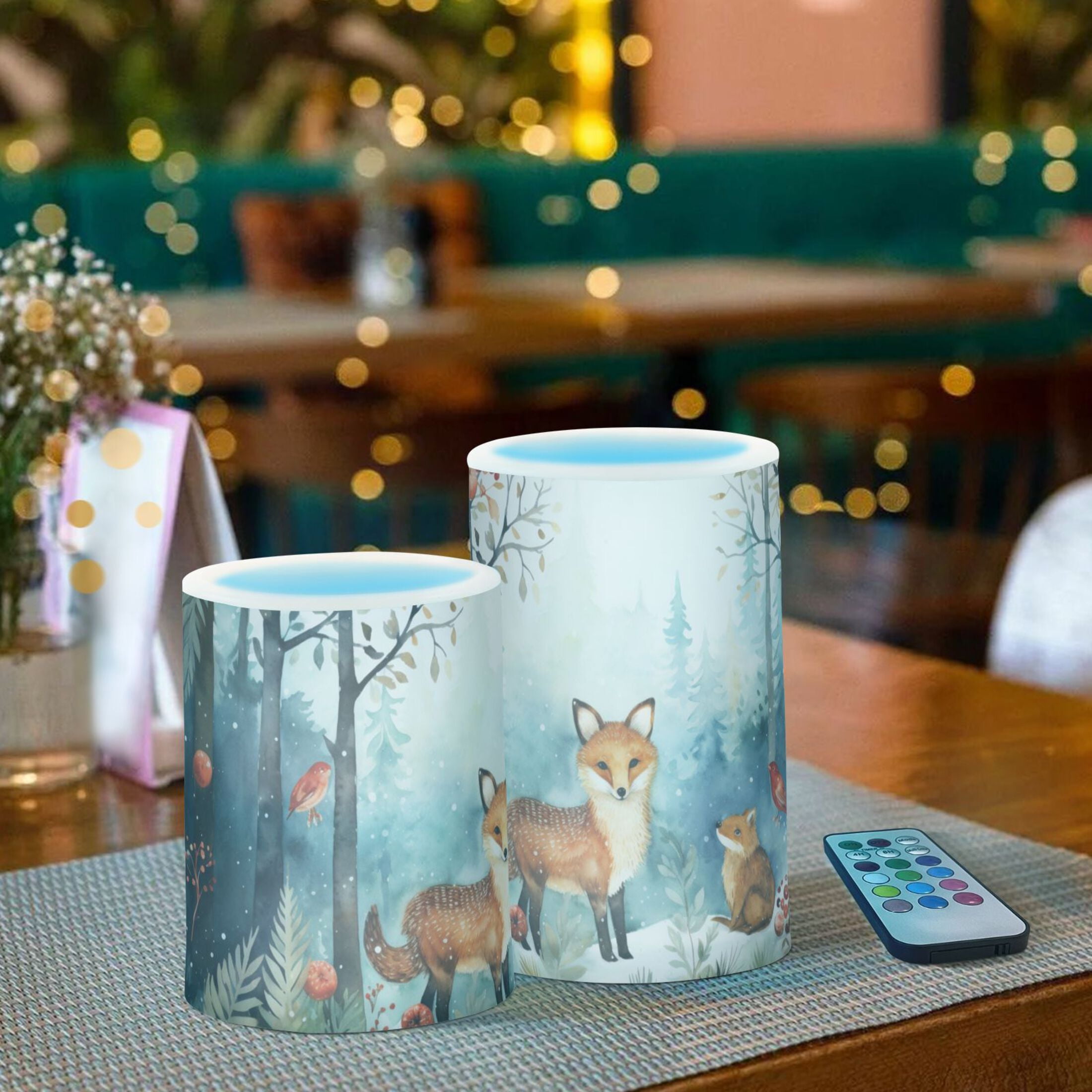 Foxes Trees Forest Flowers Flameless Candles&nbsp;LED Lights Battery Operated Candles with Remote and Timers Flicker Lights Votive Set of 2