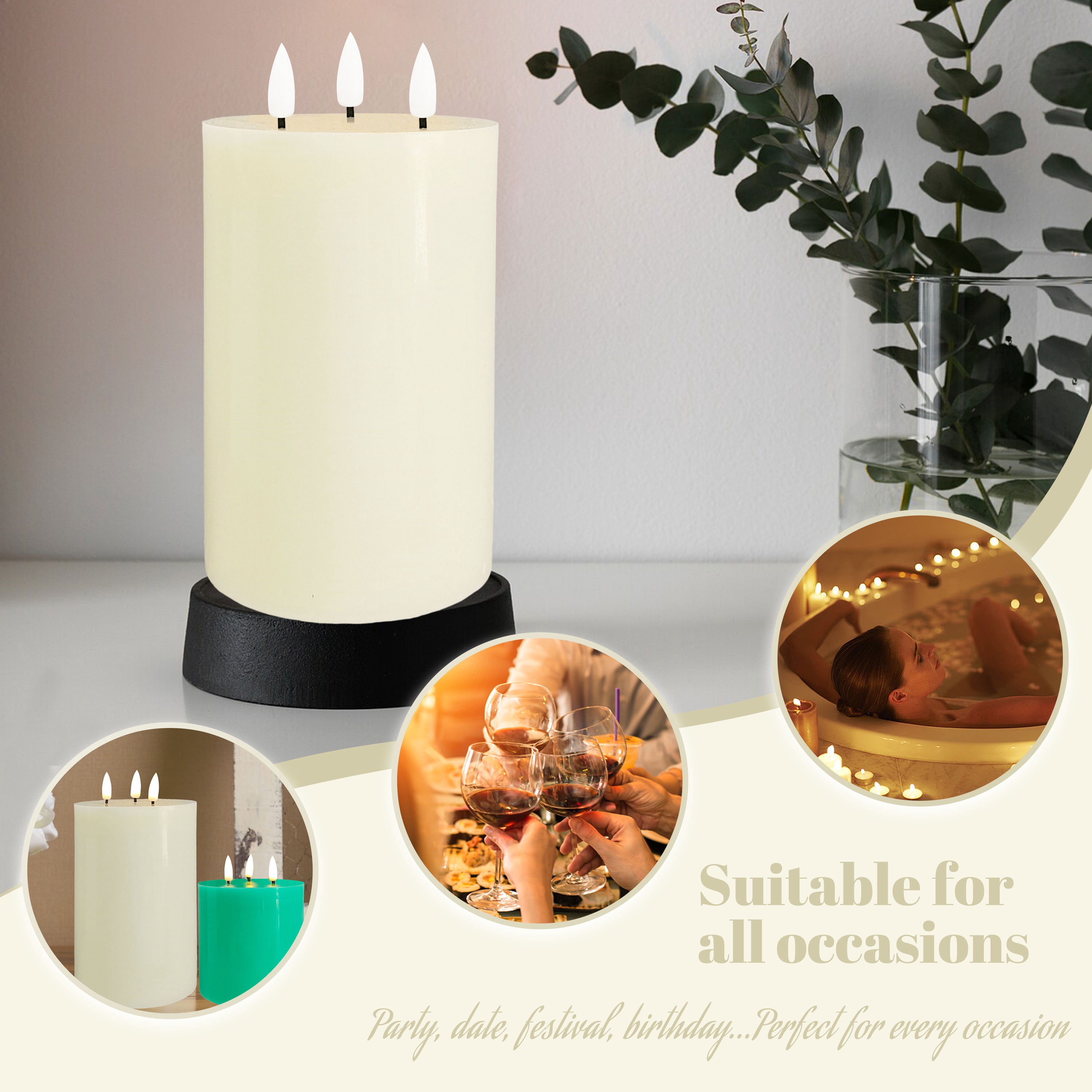 Flameless Candles with 3 Wicks, Battery Operated Candles with Remote Control and Timers, 6 inch Diameter LED Pillar Candles, Real Wax, Ivory