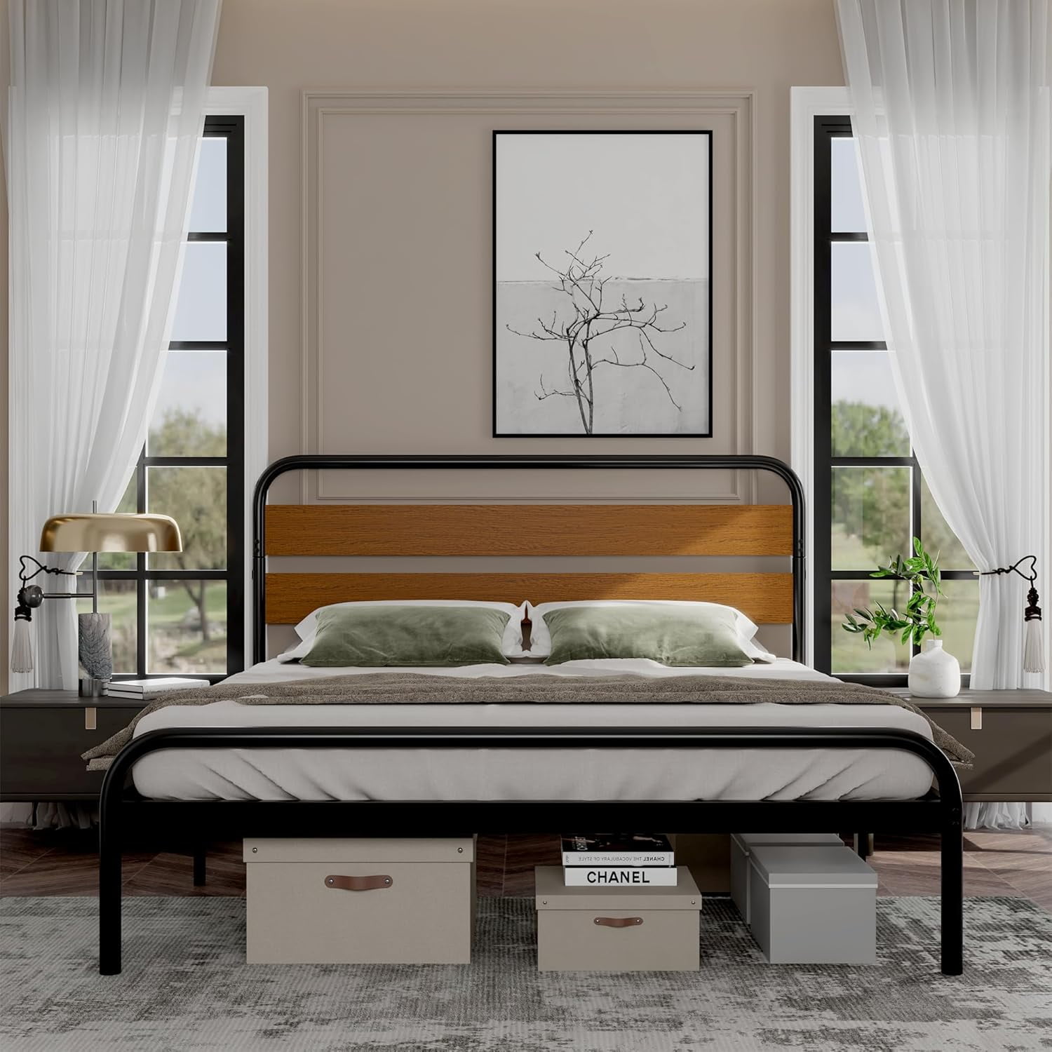 WALYWIK King Size Bed Frame, Heavy Duty Platform Frame with Wooden Headboard and Under-Bed Storage, Noise Free Design Mattress Foundation, Easy Assembly, Sandalwood Brown