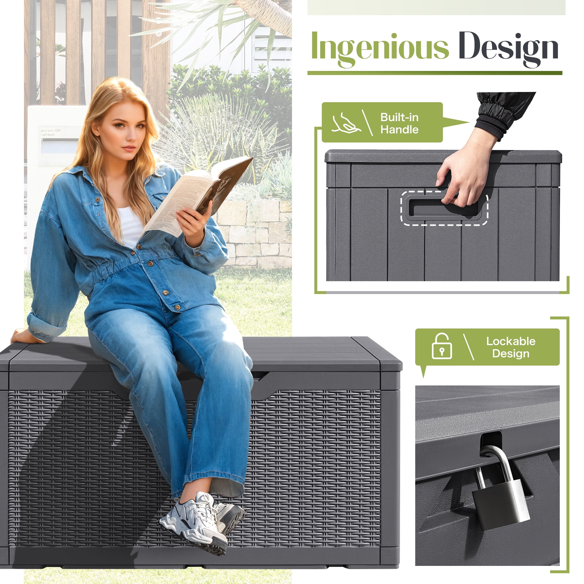 Vineego 100 Gallon Resin Deck Box,Indoor Outdoor Lockable Storage Containe,Upgraded,Gray