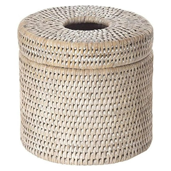 Wicker Toilet Paper Roll Holder | Bathroom Tissue Storage | Decorative Basket with Lid | Freestanding Tissue Dispenser | White-Wash Rattan Organizer