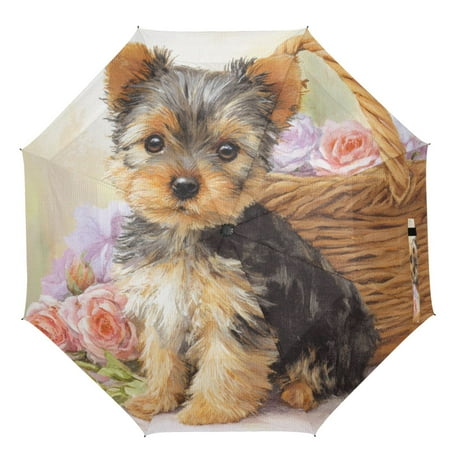 21" Inch Auto Open Close Folding Umbrella Windproof Waterproof Full Print 8-Rib Compact Travel Umbrella for Rainy Days Cute Baby Yorkshire Terrier Pattern