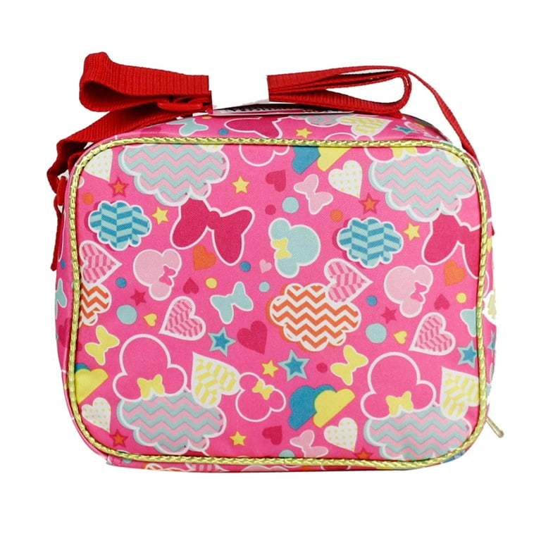 Minnie Mouse child's bag lunch box set on red background Stock