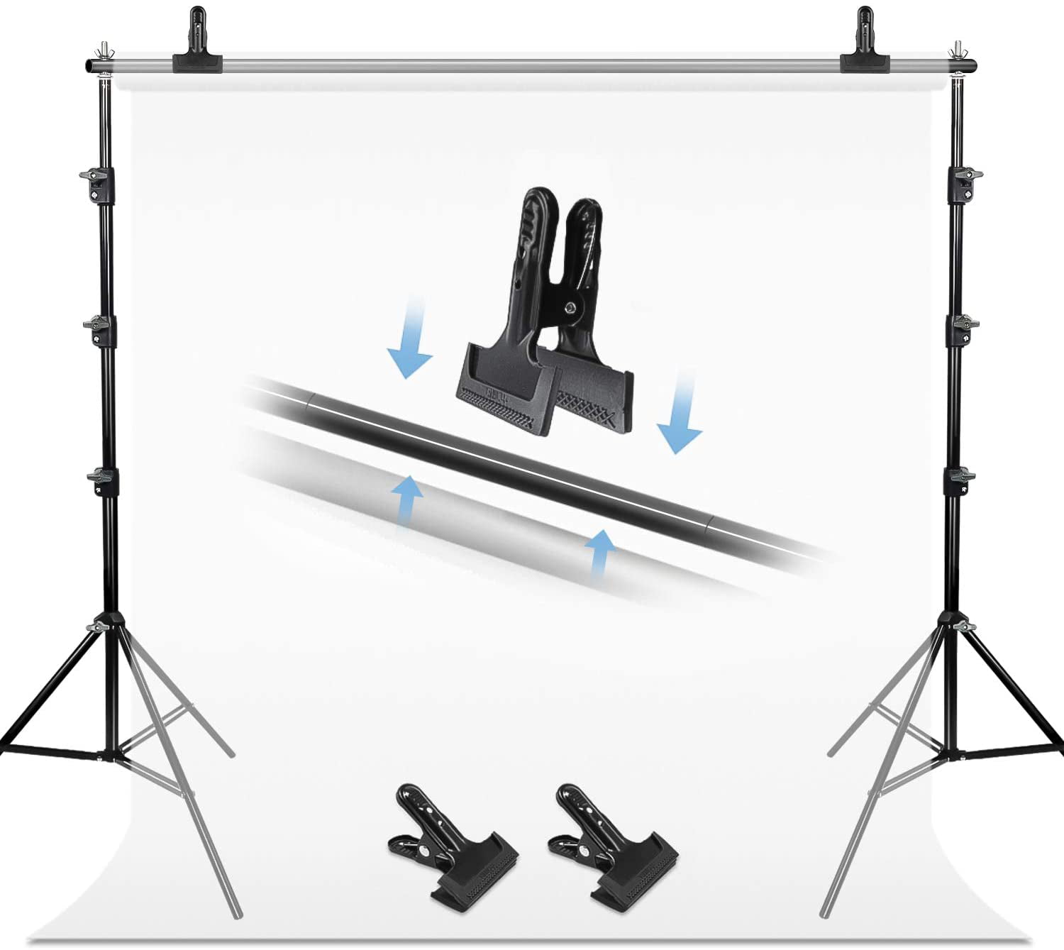 Cross Bar Adjustable 5-10 ft Julius Studio Background Stand Backdrop Support System Kit JSAG598 Stand 9.4 ft Tall Carry Bag and Spring Clamp Clip for Photo Studio 