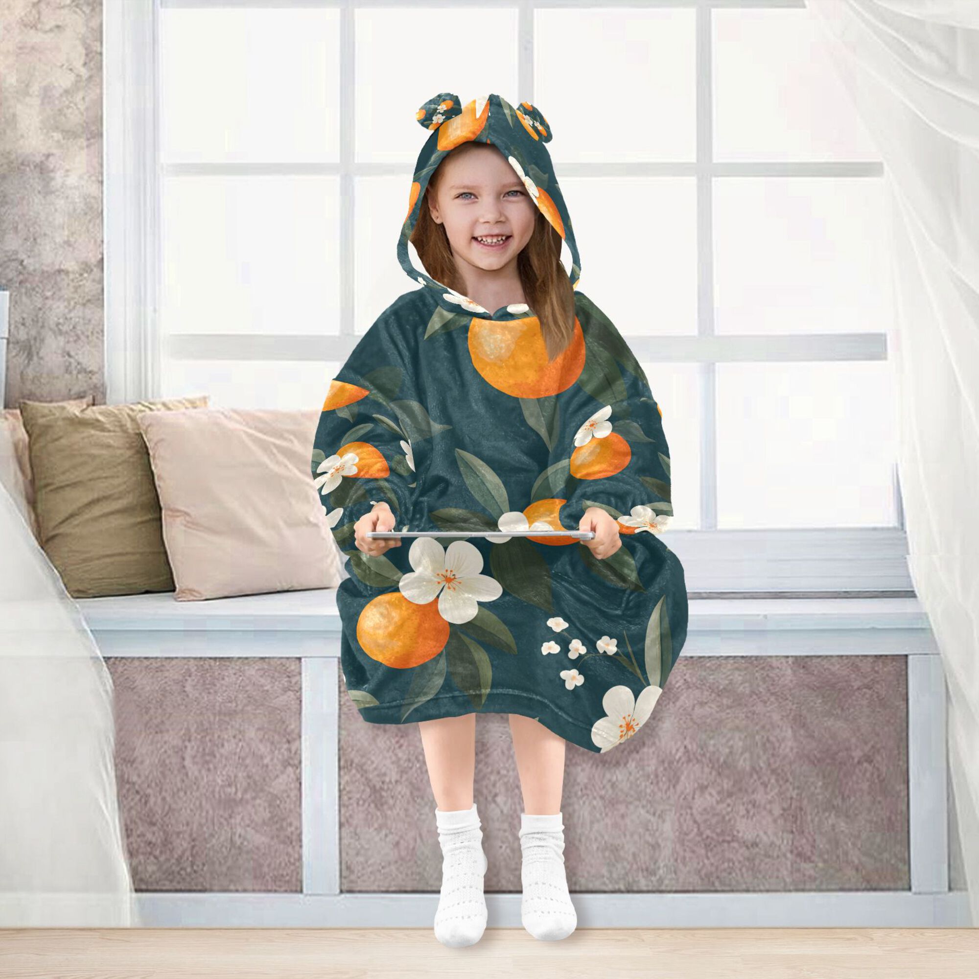FORMRS Wearable Blanket Hoodie with Sleeves for Kids Cozy Flannel Sweatshirt, Floral Oranges